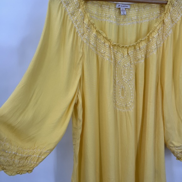 Women's XL Top Yellow Embroidery Peasant Boho Tunic Coastal Festival Comfy - Picture 4 of 9
